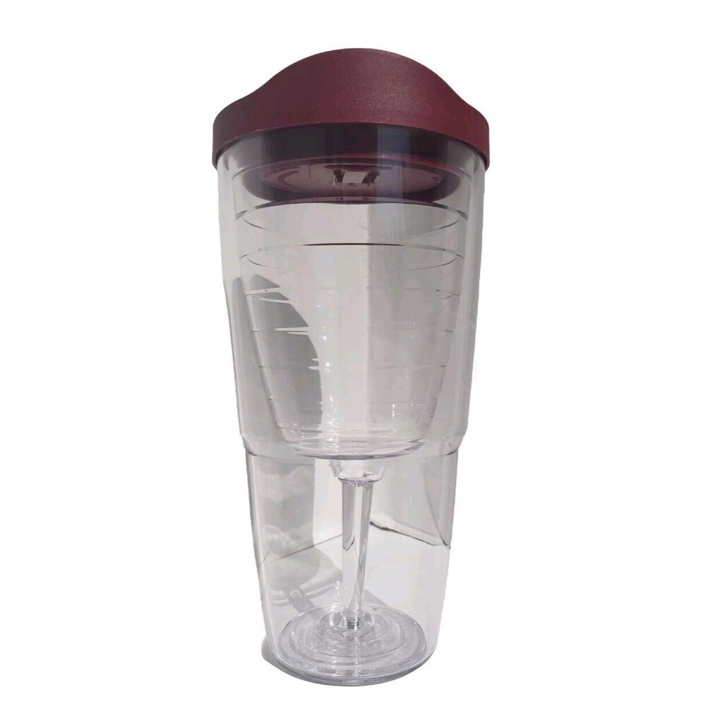 Tervis Tumbler 16 oz Clear Wine Glass Goblet Cup Insulated Dbl Wall Red Lid EUC
